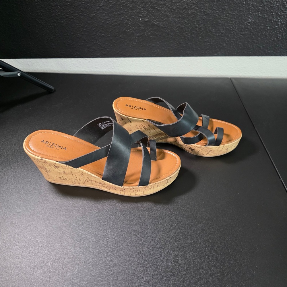 Arizona Jean Co Bellmont Black Strappy Cork Wedge Sandals Womens 11M